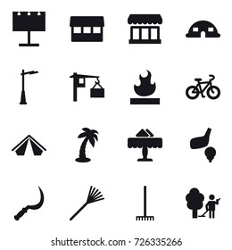 16 vector icon set : billboard, market, dome house, outdoor light, bike, tent, palm, restaurant, golf, sickle, rake, garden cleaning