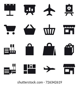 16 vector icon set : billboard, presentation, plane, cart, basket, shop, store, shopping bag, mall