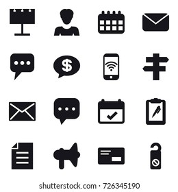 16 vector icon set : billboard, woman, calendar, mail, message, money message, phone wireless, singlepost, loudspeaker, do not distrub