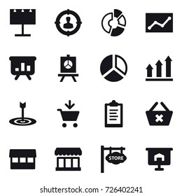 16 vector icon set : billboard, target audience, circle diagram, statistic, presentation, diagram, graph up, target, add to cart, clipboard, delete cart, market, store signboard