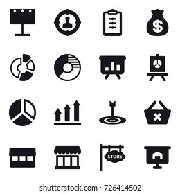 16 vector icon set : billboard, target audience, clipboard, money bag, circle diagram, presentation, diagram, graph up, target, delete cart, market, store signboard