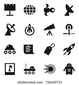 16 vector icon set : billboard, globe, satellite, satellite antenna, rocket, telescope, laser, lunar rover, shopping list, label, photo