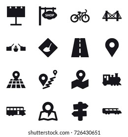 16 vector icon set : billboard, shop signboard, bike, bridge, drawbridge, under construction, train, bus, map, signpost