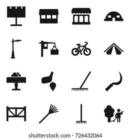16 vector icon set : billboard, market, dome house, outdoor light, bike, tent, restaurant, golf, rake, sickle, farm fence, garden cleaning