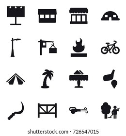 16 vector icon set : billboard, market, dome house, outdoor light, bike, tent, palm, restaurant, golf, sickle, farm fence, blower, garden cleaning