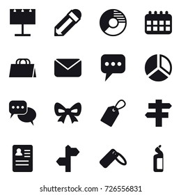 16 vector icon set : billboard, pencil, circle diagram, calendar, shopping bag, mail, message, diagram, discussion, bow, label, singlepost, toilet cleanser