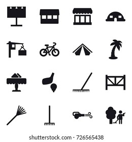 16 vector icon set : billboard, market, dome house, bike, tent, palm, restaurant, golf, rake, farm fence, blower, garden cleaning