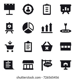 16 vector icon set : billboard, target audience, clipboard, presentation, diagram, graph up, target, add to cart, delete cart, market, shopping list, store signboard