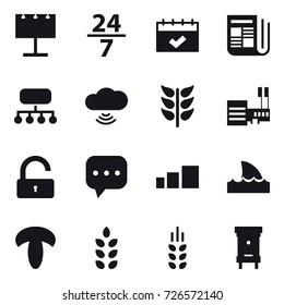 16 vector icon set : billboard, 24/7, calendar, newspaper, structure, cloud wireless, mall, unlock, shark flipper, spikelets, hive
