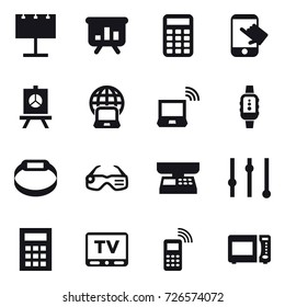 16 vector icon set : billboard, presentation, calculator, touch, notebook globe, notebook wireless, smartwatch, smart bracelet, smart glasses, market scales, equalizer, tv