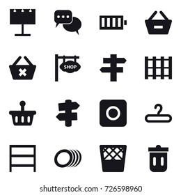 16 vector icon set : billboard, discussion, battery, remove from basket, delete cart, shop signboard, singlepost, signpost, ring button, hanger, rack, trash bin