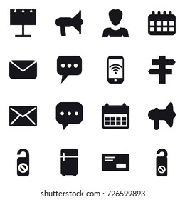 16 vector icon set : billboard, loudspeaker, woman, calendar, mail, message, phone wireless, singlepost, do not distrub, fridge