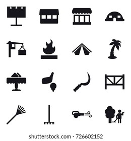 16 vector icon set : billboard, market, dome house, tent, palm, restaurant, golf, sickle, farm fence, rake, blower, garden cleaning