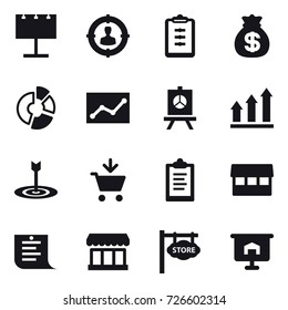 16 vector icon set : billboard, target audience, clipboard, money bag, circle diagram, statistic, presentation, graph up, target, add to cart, market, shopping list, store signboard