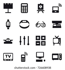 16 vector icon set : billboard, calculator, presentation, notebook wireless, smartwatch, smart bracelet, smart glasses, market scales, scales, equalizer, tv