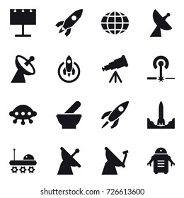 16 vector icon set : billboard, rocket, globe, satellite antenna, telescope, laser, ufo