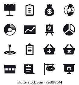 16 vector icon set : billboard, clipboard, money bag, circle diagram, statistic, presentation, diagram, target, add to basket, delete cart, market, shopping list, store signboard