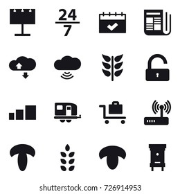 16 vector icon set : billboard, 24/7, calendar, newspaper, cloude service, cloud wireless, unlock, trailer, baggage trolley, spikelets, mushroom, hive