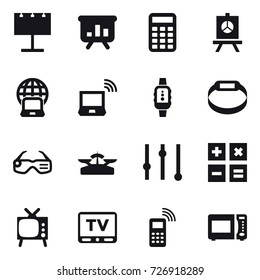 16 vector icon set : billboard, presentation, calculator, notebook globe, notebook wireless, smartwatch, smart bracelet, smart glasses, scales, equalizer, tv