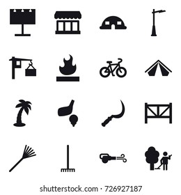 16 vector icon set : billboard, market, dome house, outdoor light, bike, tent, palm, golf, sickle, farm fence, rake, blower, garden cleaning