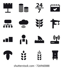 16 vector icon set : billboard, coin stack, 24/7, calendar, structure, cloud wireless, tower crane, shark flipper, spikelets, hive