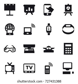 16 vector icon set : billboard, presentation, touch, notebook globe, notebook wireless, smartwatch, smart bracelet, smart glasses, market scales, scales, calculator, tv