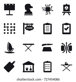 16 vector icon set : billboard, chess horse, chip, presentation, store signboard, windsurfing, iron board, cutting board, utility room, clipboard list