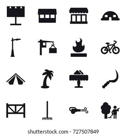 16 vector icon set : billboard, market, dome house, outdoor light, bike, tent, palm, restaurant, sickle, farm fence, rake, blower, garden cleaning 16 vector icon set : billboard, market, dome house, outdoor light, bike, tent, palm, restaurant, sickle, farm fence, rake, blower, garden cleaning