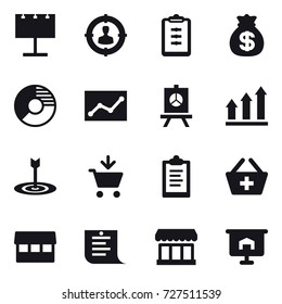 16 vector icon set : billboard, target audience, clipboard, money bag, circle diagram, statistic, presentation, graph up, target, add to cart, add to basket, market, shopping list