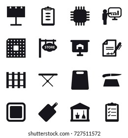 16 vector icon set : billboard, clipboard, chip, presentation, cpu, store signboard, iron board, cutting board, utility room, clipboard list
