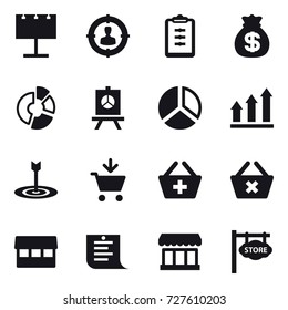 16 vector icon set : billboard, target audience, clipboard, money bag, circle diagram, presentation, diagram, graph up, target, add to cart, add to basket, delete cart, market, shopping list