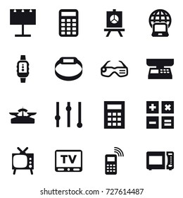 16 vector icon set : billboard, calculator, presentation, notebook globe, smartwatch, smart bracelet, smart glasses, market scales, scales, equalizer, tv