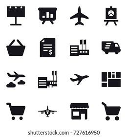 16 vector icon set : billboard, presentation, plane, basket, account balance, store, delivery, journey, mall, shop, cart