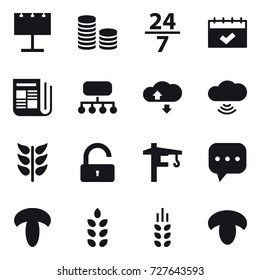 16 vector icon set : billboard, coin stack, 24/7, calendar, newspaper, structure, cloude service, cloud wireless, unlock, tower crane, spikelets, mushroom