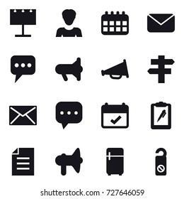 16 vector icon set : billboard, woman, calendar, mail, message, megafon, loudspeaker, singlepost, fridge, do not distrub
