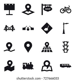 16 vector icon set : billboard, pointer, shop signboard, bike, bridge, drawbridge, under construction, outdoor light, train, map