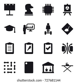 16 vector icon set : billboard, chess horse, chip, presentation, graduate hat, hoverboard, under construction, cutting board, utility room, iron board
