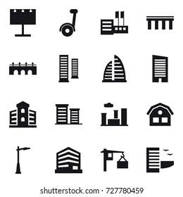 16 vector icon set : billboard, segway, store, bridge, skyscrapers, skyscraper, building, district, city, house, outdoor light, hotel