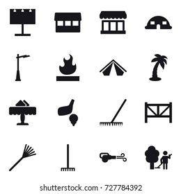 16 vector icon set : billboard, market, dome house, outdoor light, tent, palm, restaurant, golf, rake, farm fence, blower, garden cleaning