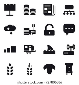 16 vector icon set : billboard, coin stack, newspaper, structure, cloude service, mall, unlock, trailer, shark flipper, spikelets, mushroom, hive