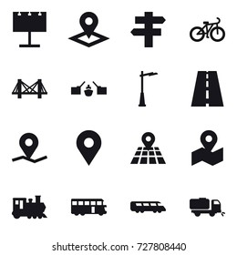 16 vector icon set : billboard, pointer, singlepost, bike, bridge, drawbridge, outdoor light, train, bus, sweeper
