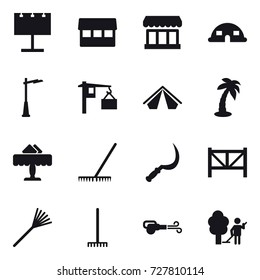 16 vector icon set : billboard, market, dome house, outdoor light, tent, palm, restaurant, rake, sickle, farm fence, blower, garden cleaning