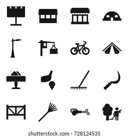 16 vector icon set : billboard, market, dome house, outdoor light, bike, tent, restaurant, golf, rake, sickle, farm fence, blower, garden cleaning