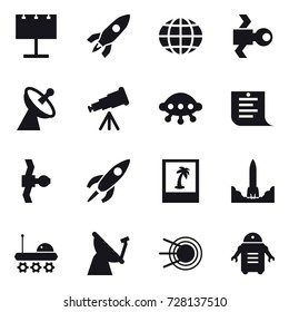 16 vector icon set : billboard, rocket, globe, satellite, satellite antenna, telescope, ufo, shopping list, photo