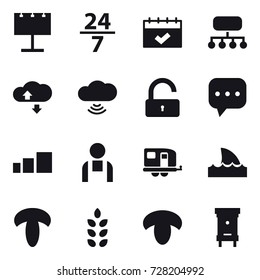 16 vector icon set : billboard, 24/7, calendar, structure, cloude service, cloud wireless, unlock, trailer, shark flipper, spikelets, mushroom, hive