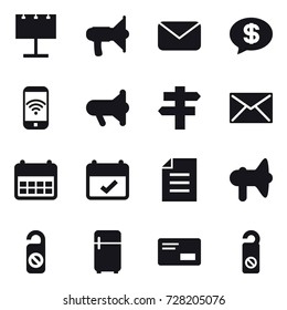 16 vector icon set : billboard, loudspeaker, mail, money message, phone wireless, megafon, singlepost, do not distrub, fridge