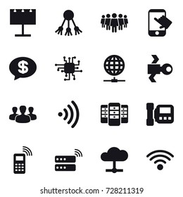 16 vector icon set : billboard, share, team, touch, money message, chip, globe connect, satellite, group, wireless, server, intercome