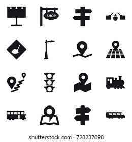 16 vector icon set : billboard, shop signboard, singlepost, drawbridge, under construction, outdoor light, train, bus, map, signpost