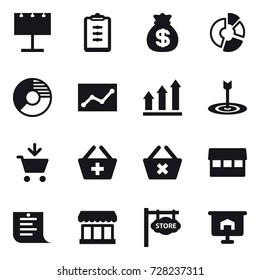 16 vector icon set : billboard, clipboard, money bag, circle diagram, statistic, graph up, target, add to cart, add to basket, delete cart, market, shopping list, store signboard, presentation