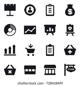 16 vector icon set : billboard, target audience, clipboard, money bag, circle diagram, statistic, presentation, graph up, add to cart, add to basket, delete cart, market, store signboard